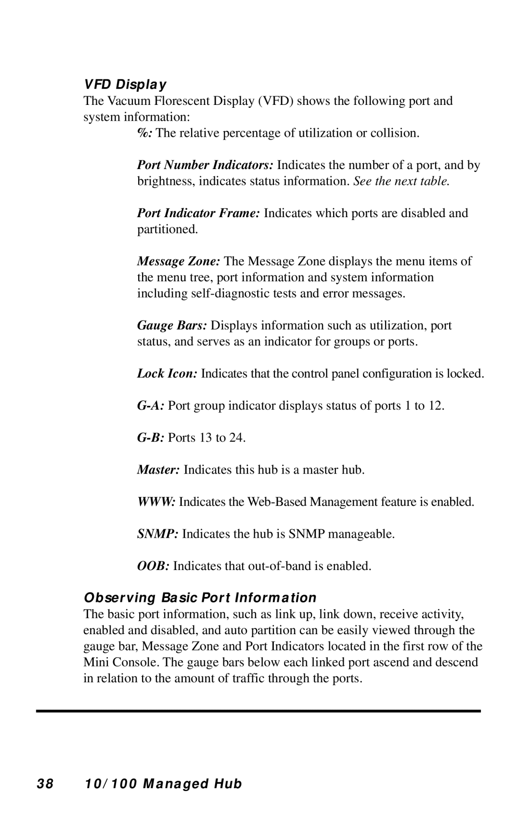Black Box LH8112A-S, LH8124A manual VFD Display, Observing Basic Port Information, 38 10/100 Managed Hub 