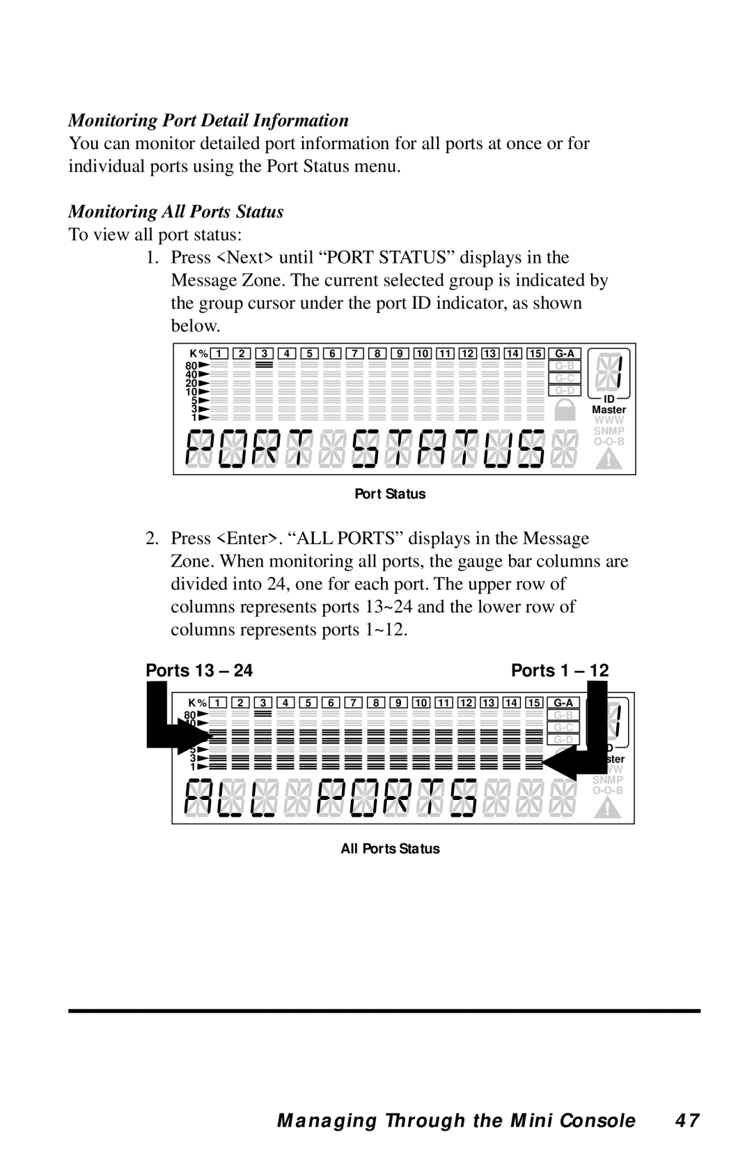 Black Box LH8112A-S, LH8124A manual Monitoring Port Detail Information, Monitoring All Ports Status 