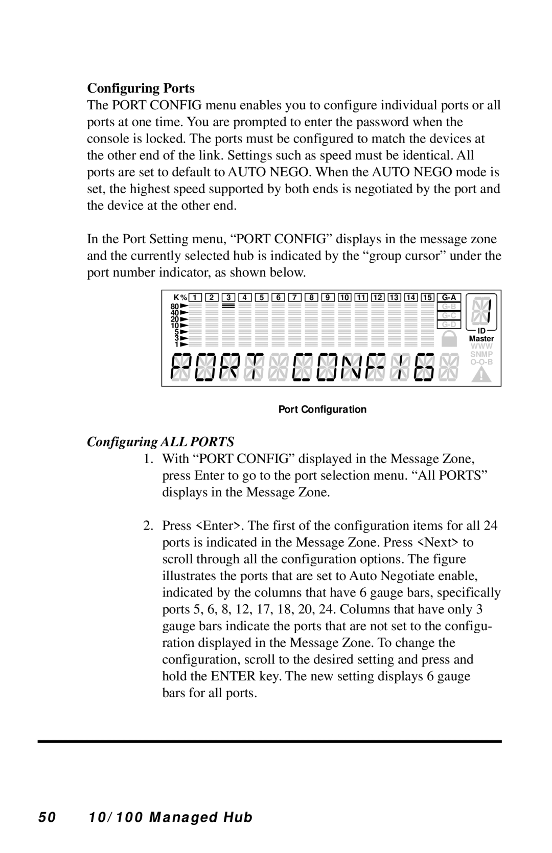 Black Box LH8112A-S, LH8124A manual Configuring Ports, Configuring ALL Ports, 50 10/100 Managed Hub 