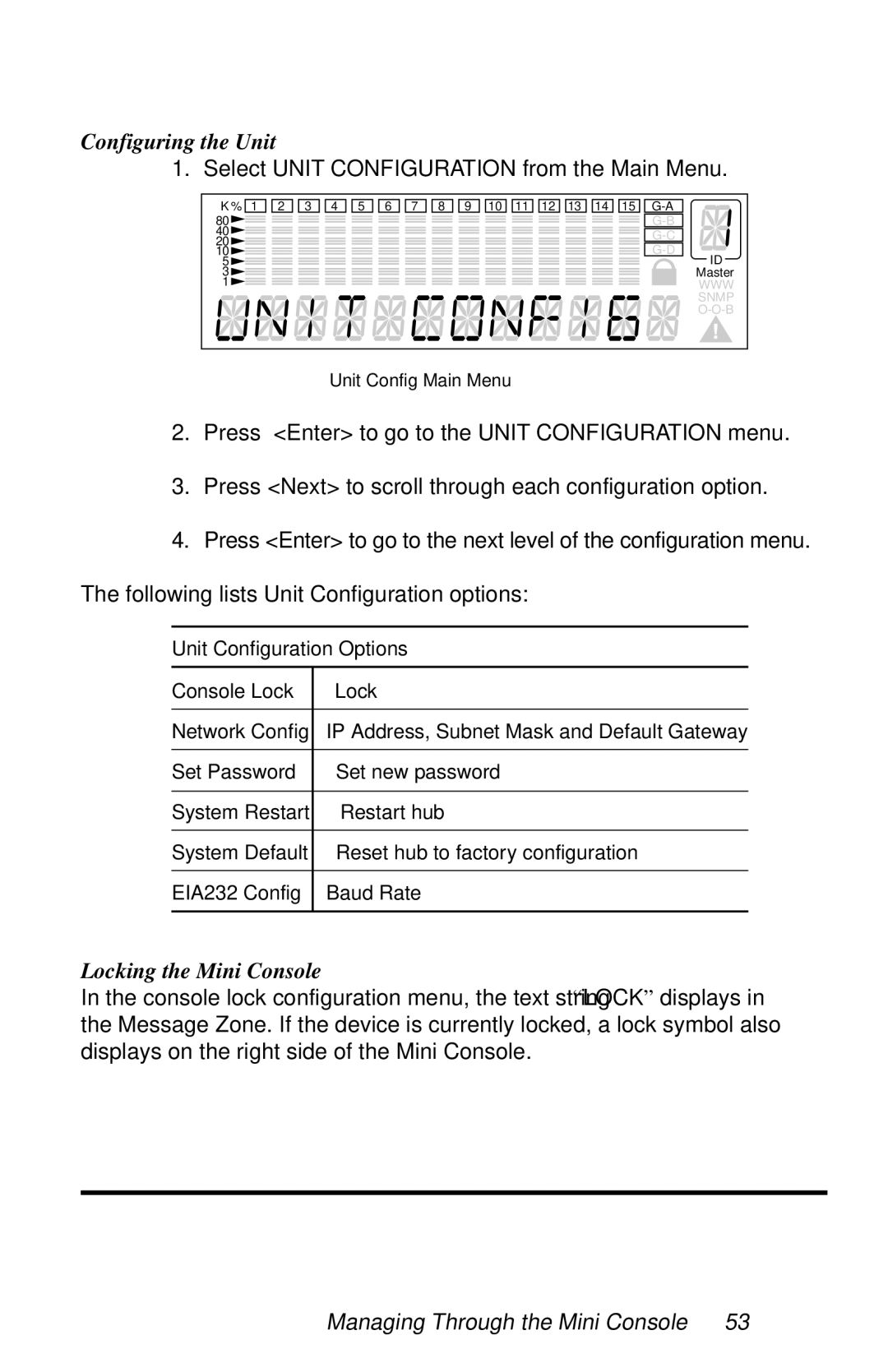 Black Box LH8112A-S, LH8124A manual Configuring the Unit, Locking the Mini Console 