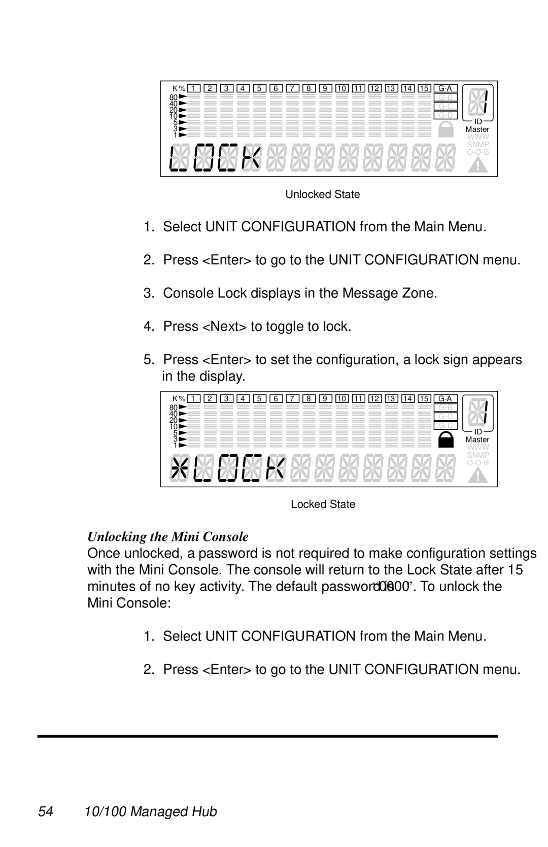 Black Box LH8112A-S, LH8124A manual Unlocking the Mini Console, 54 10/100 Managed Hub 