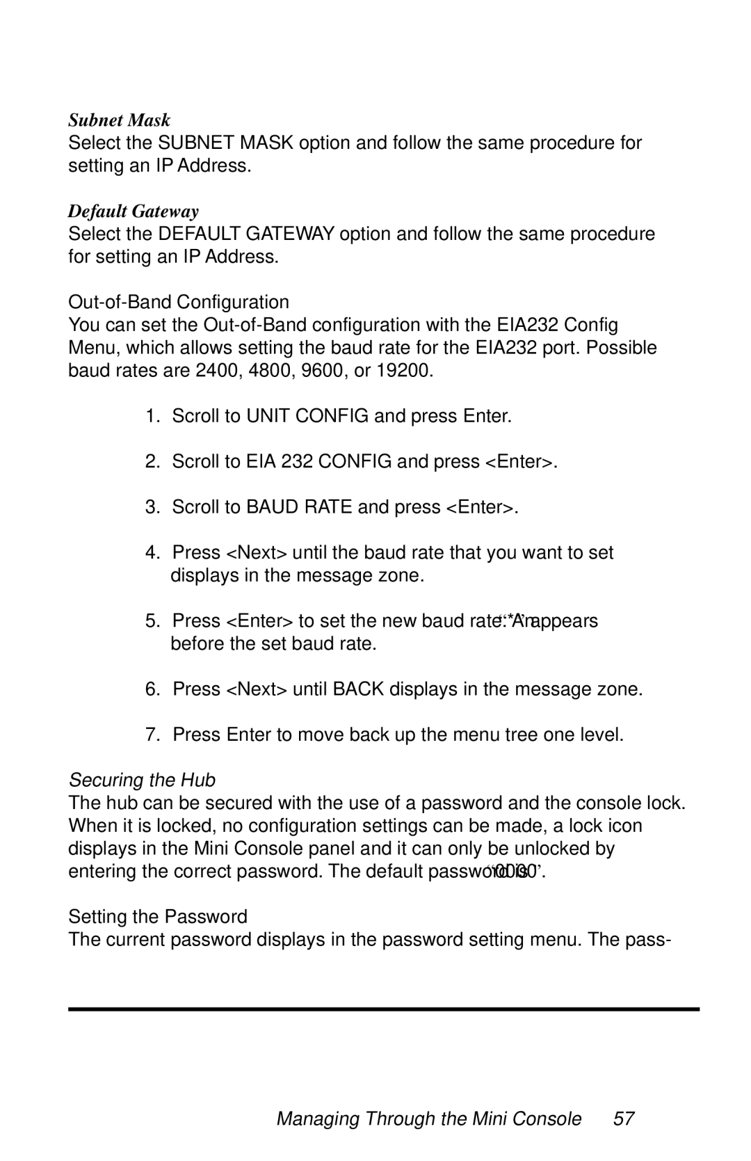 Black Box LH8112A-S manual Subnet Mask, Default Gateway, Out-of-Band Configuration, Securing the Hub, Setting the Password 