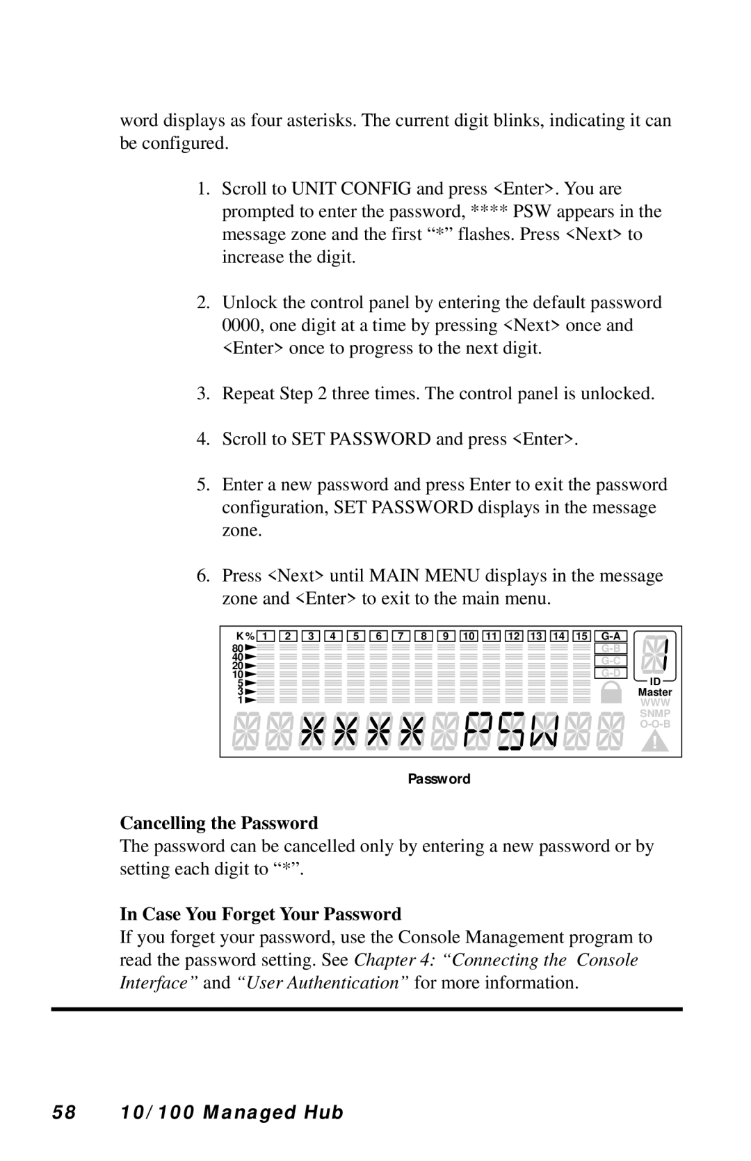 Black Box LH8124A, LH8112A-S manual Cancelling the Password, Case You Forget Your Password, 58 10/100 Managed Hub 