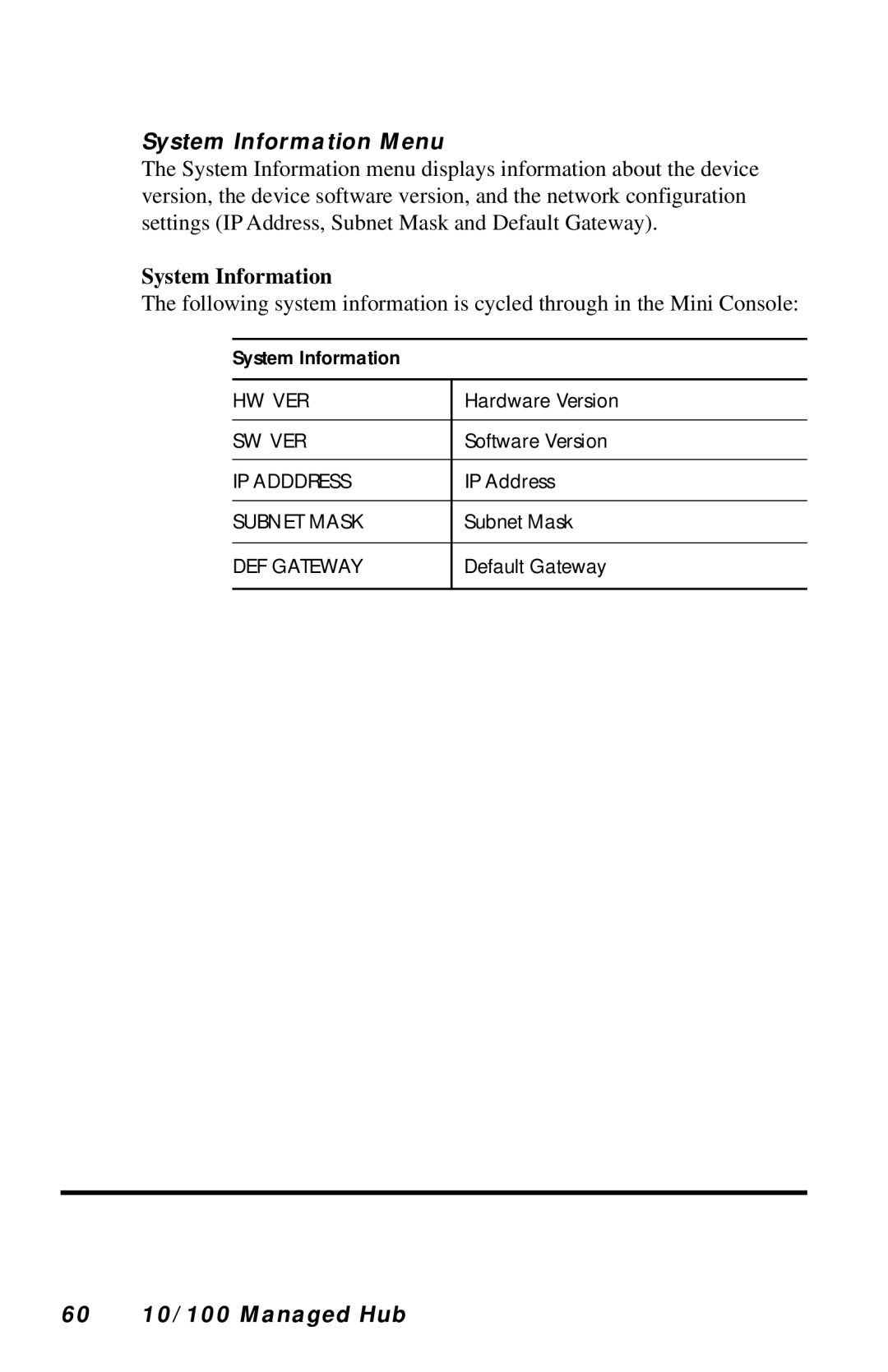 Black Box LH8112A-S, LH8124A manual System Information Menu, 60 10/100 Managed Hub 