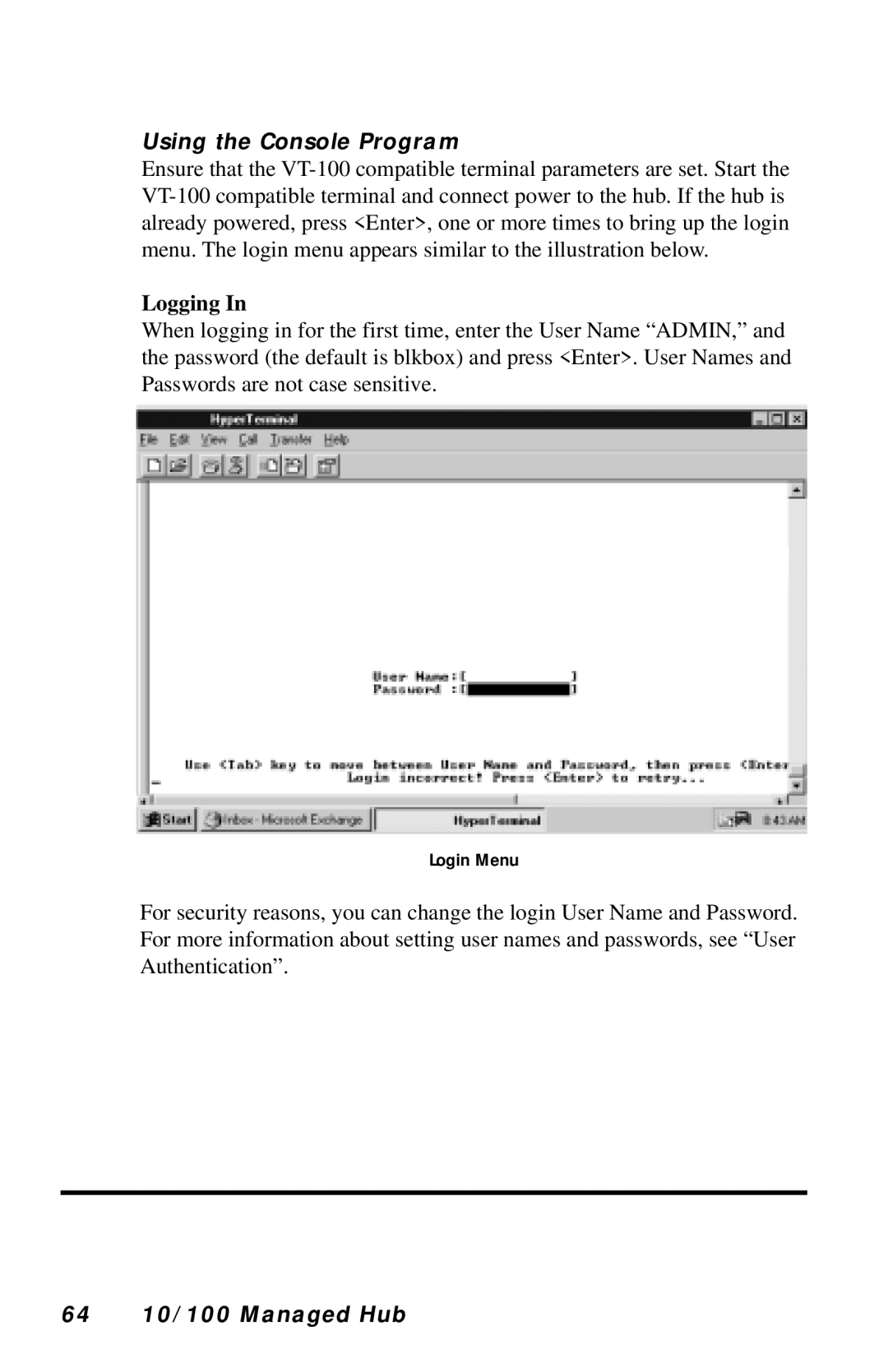 Black Box LH8124A, LH8112A-S manual Using the Console Program, Logging, 64 10/100 Managed Hub 