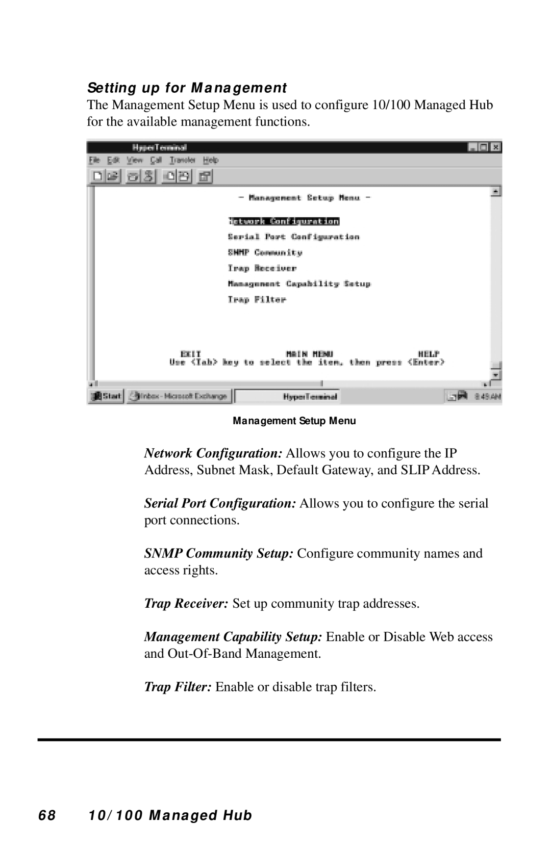 Black Box LH8112A-S, LH8124A manual Setting up for Management, 68 10/100 Managed Hub 