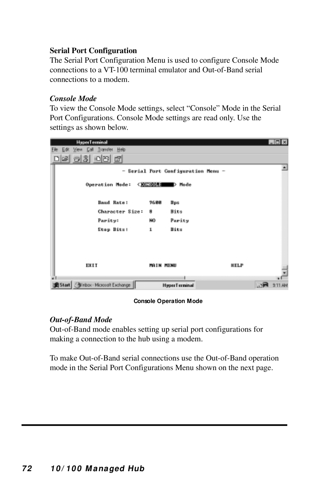 Black Box LH8112A-S, LH8124A manual Serial Port Configuration, Console Mode, Out-of-Band Mode, 72 10/100 Managed Hub 