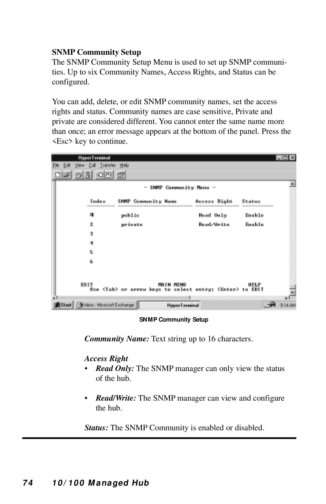 Black Box LH8112A-S, LH8124A manual Snmp Community Setup, Access Right, 74 10/100 Managed Hub 