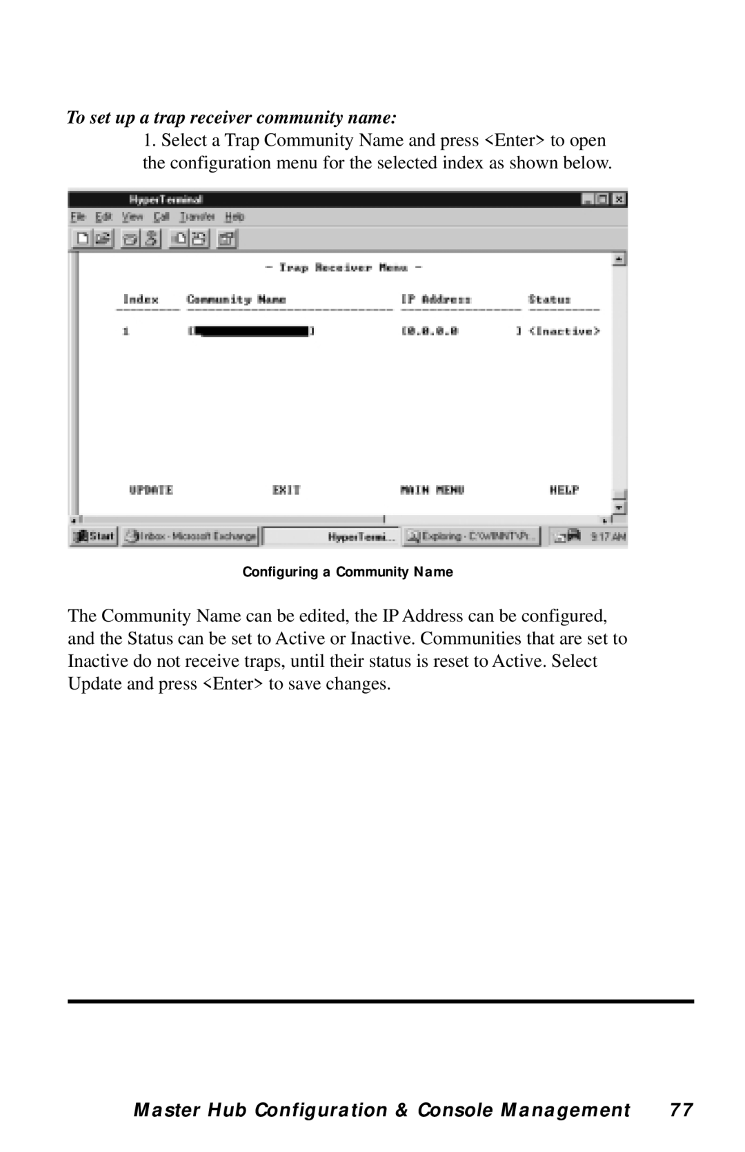 Black Box LH8112A-S, LH8124A manual To set up a trap receiver community name 