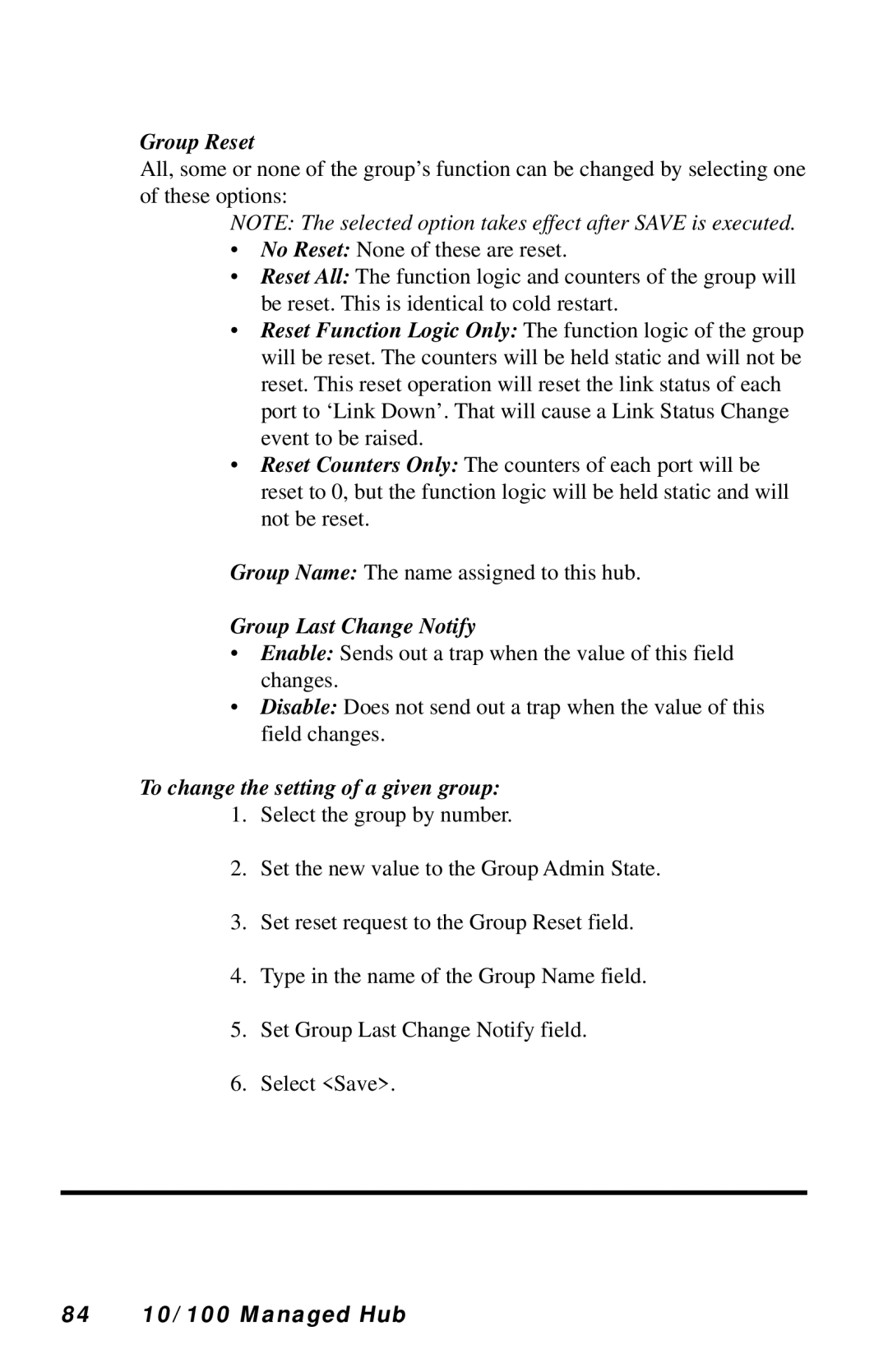 Black Box LH8112A-S Group Reset, Group Last Change Notify, To change the setting of a given group, 84 10/100 Managed Hub 