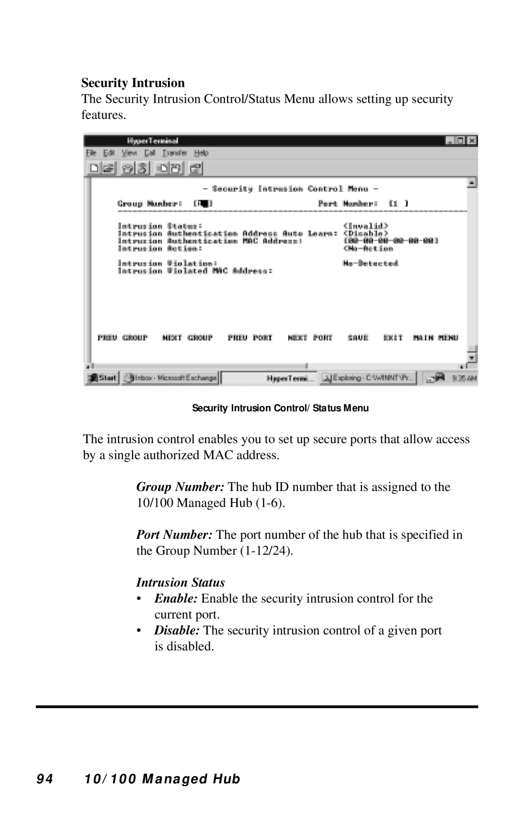 Black Box LH8124A, LH8112A-S manual Security Intrusion, Intrusion Status, 94 10/100 Managed Hub 