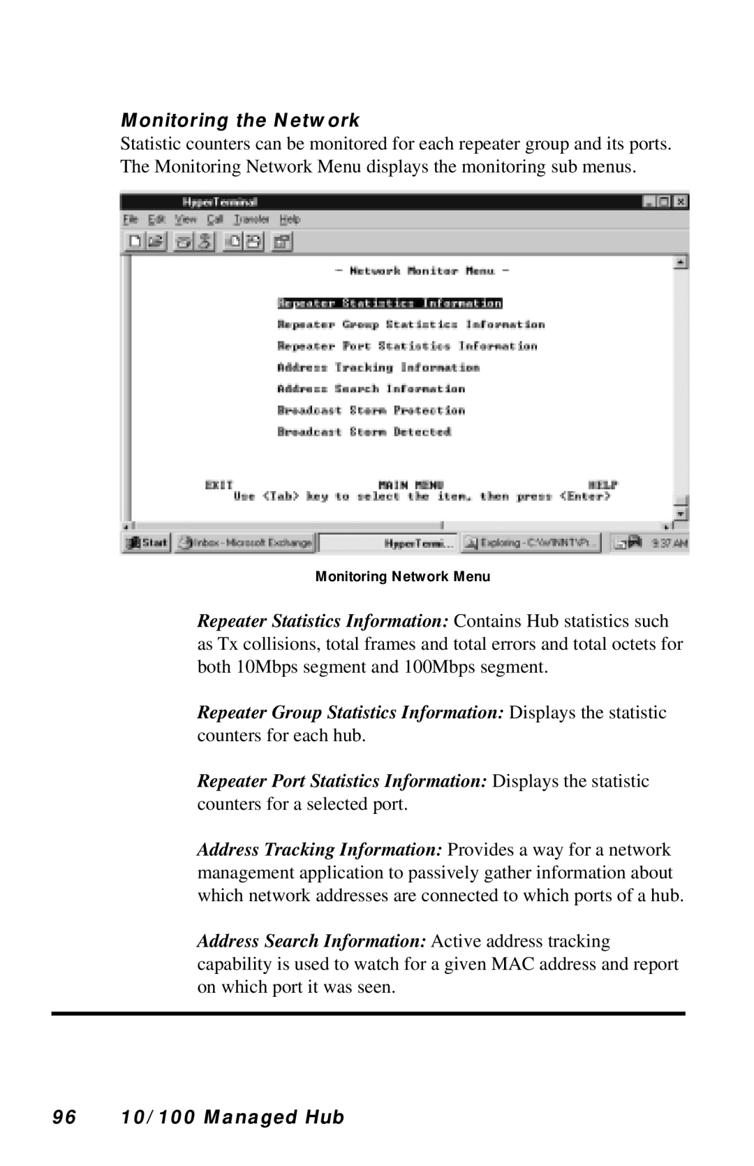 Black Box LH8112A-S, LH8124A manual Monitoring the Network, Repeater Port Statistics Information Displays the statistic 