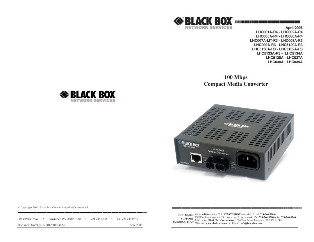 Black Box LHC5135A, LHC006A manual 100Mbps Compact Media Converter, April LHC001A-R4- LHC002A-R4, LHC038A - LHC039A 