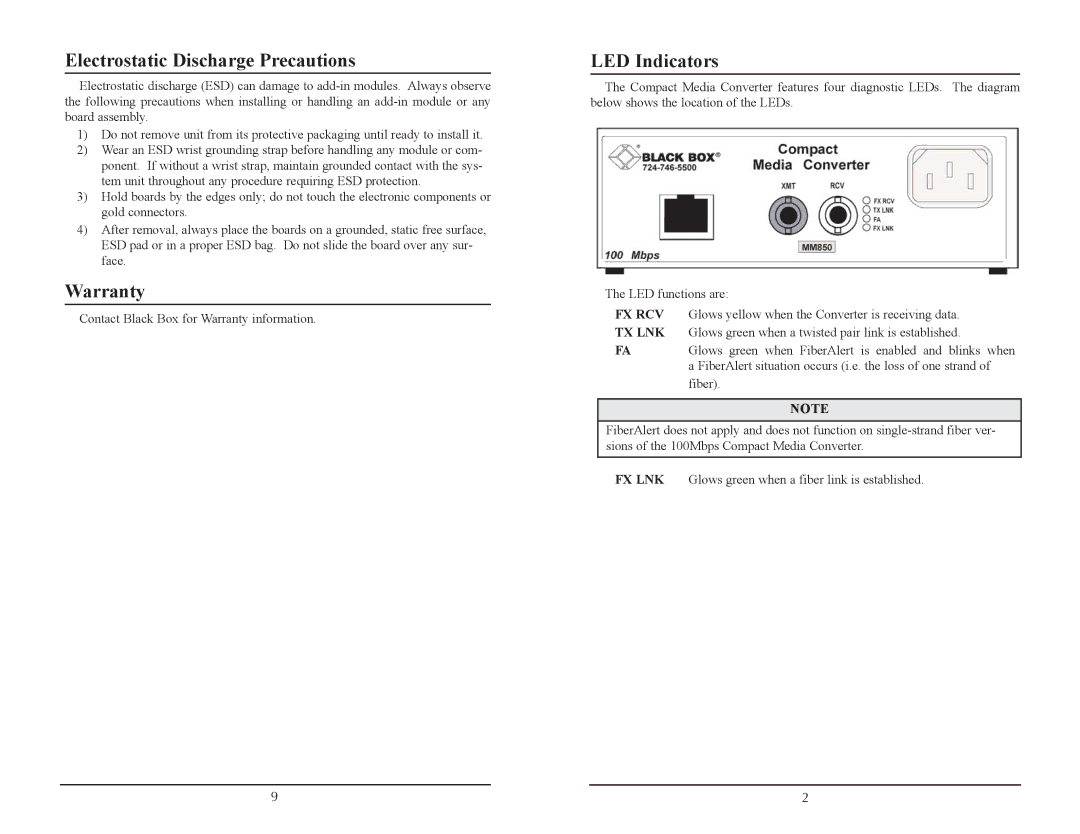 Black Box LHC039A, LHC002A-R4, LHC5135A, LHC001A-R4, LHC006A Electrostatic Discharge Precautions, Warranty, LED Indicators 