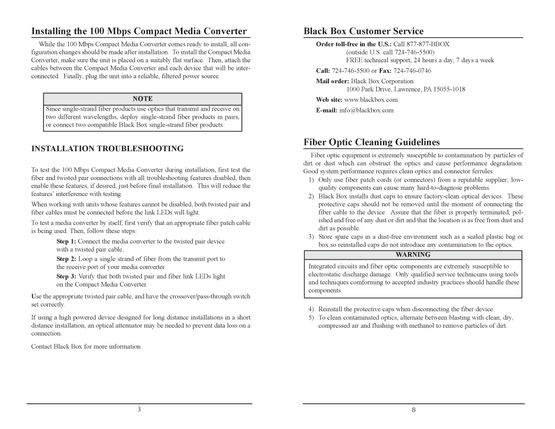 Black Box LHC038A, LHC002A-R4, LHC5135A, LHC006A Installing the 100 Mbps Compact Media Converter, Black Box Customer Service 