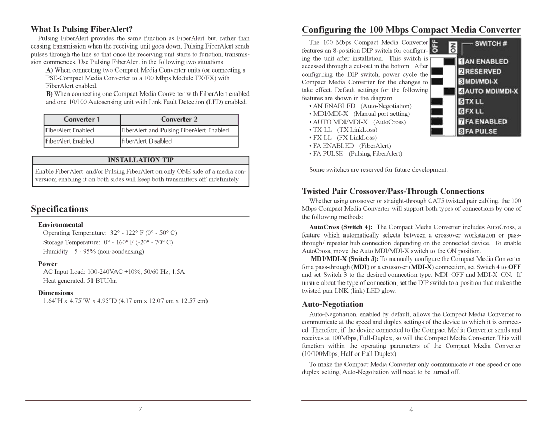 Black Box LHC5134A, LHC5135A Specifications, Configuring the 100 Mbps Compact Media Converter, What Is Pulsing FiberAlert? 