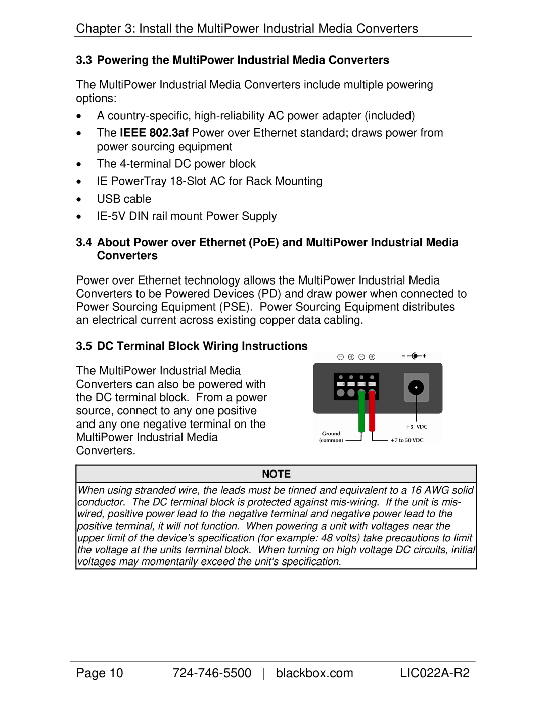 Black Box LIC024A-R2 manual Powering the MultiPower Industrial Media Converters, DC Terminal Block Wiring Instructions 