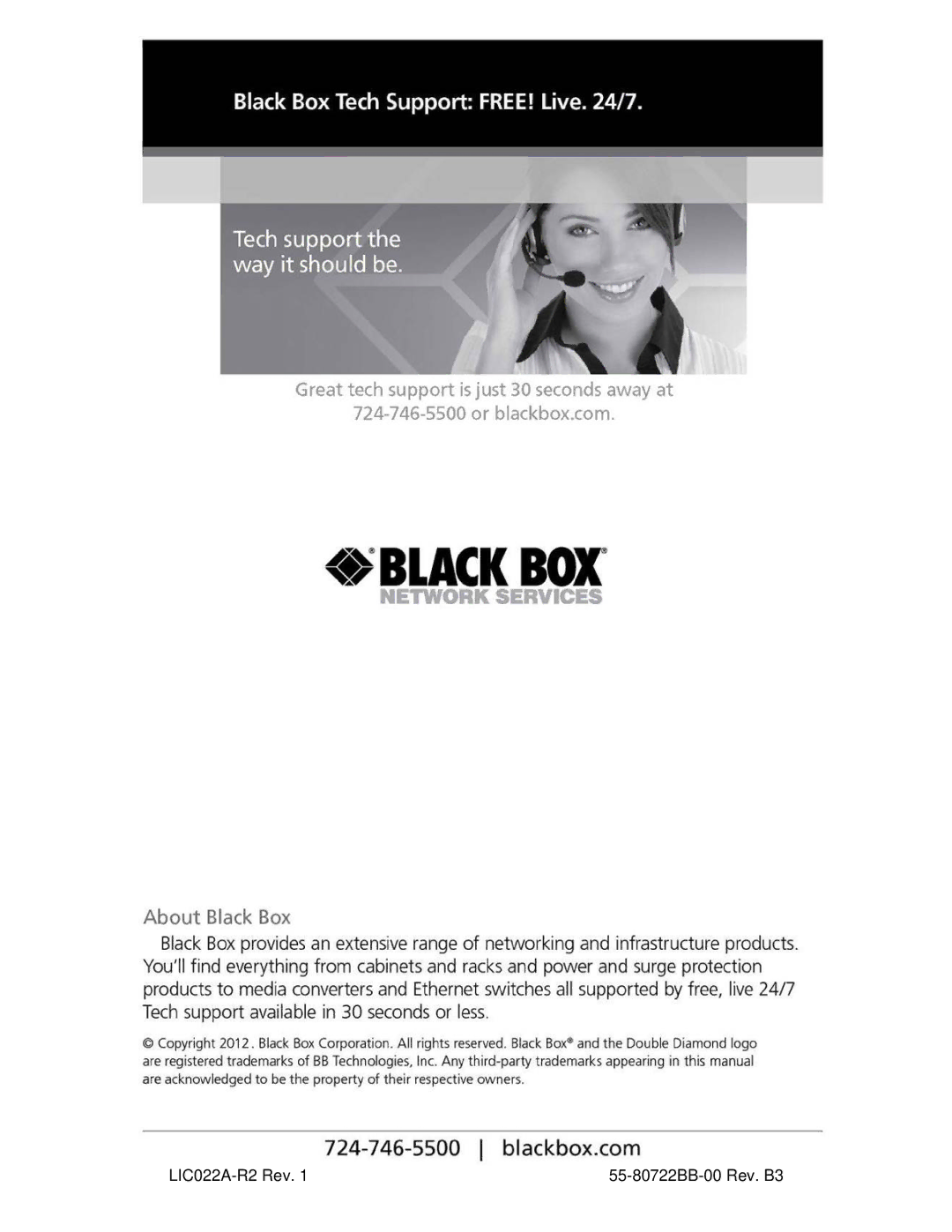 Black Box LIC056A-R2, LIC057A-R2, LIC025A-R2, LIC053A-R2, LIC054A-R2, LIC023A-R2, LIC026A-R2, LIC027A-R2 manual LIC022A-R2 Rev 