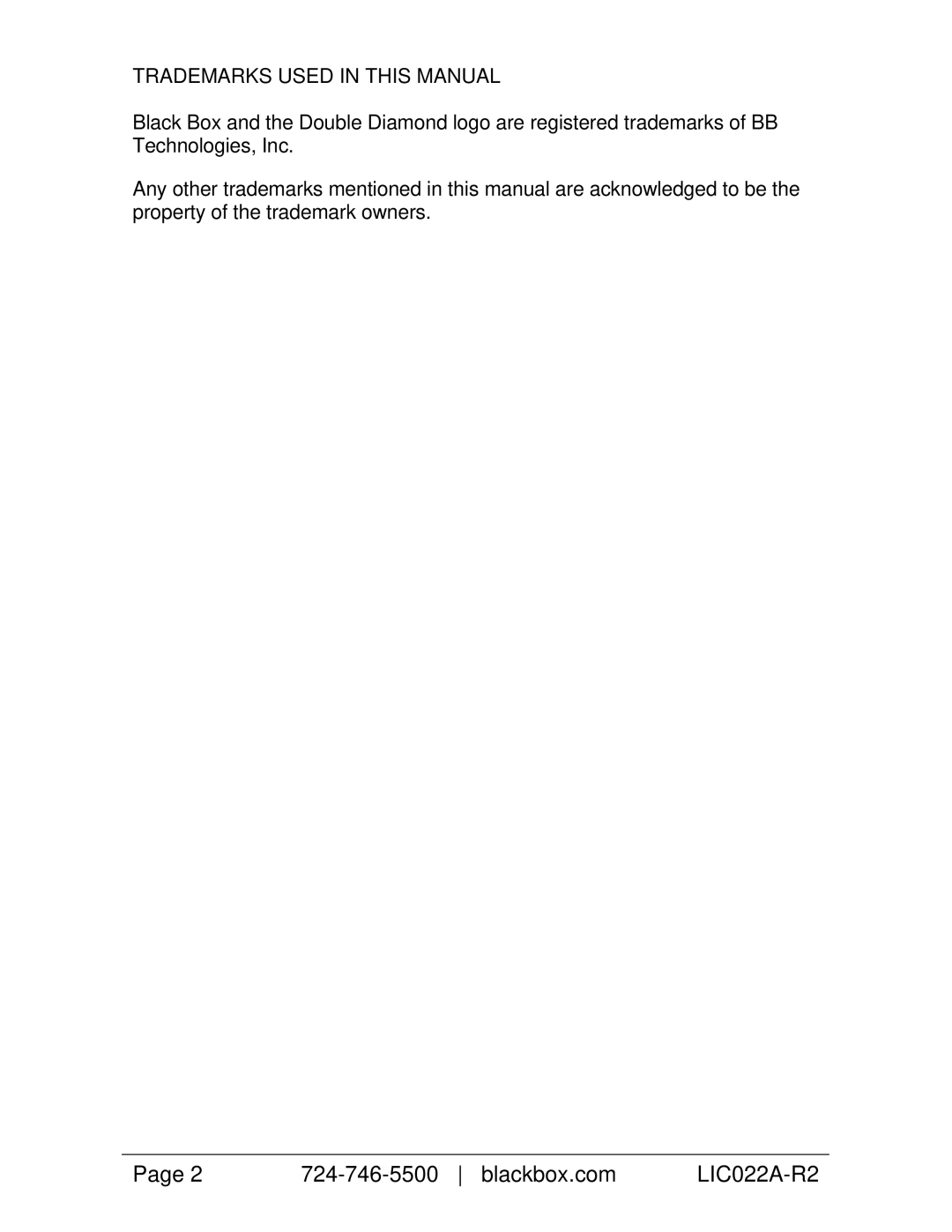 Black Box LIC053A-R2, LIC057A-R2, LIC025A-R2, LIC056A-R2, LIC054A-R2, LIC023A-R2 Blackbox.com, Trademarks Used in this Manual 