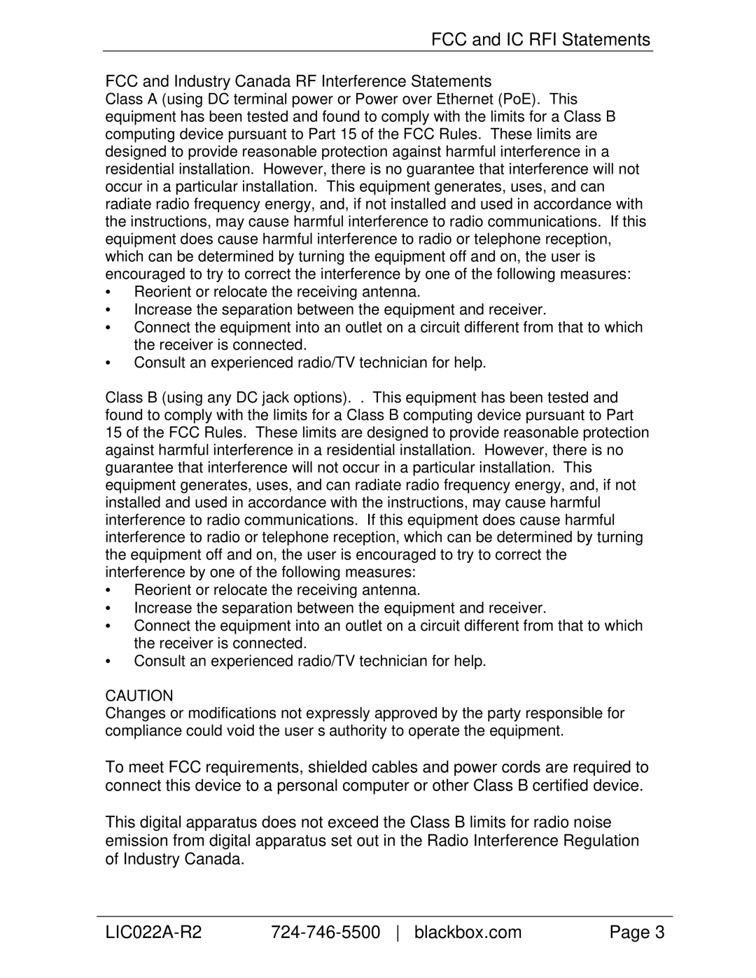 Black Box LIC056A-R2, LIC057A-R2, LIC025A-R2, LIC053A-R2, LIC054A-R2 manual FCC and IC RFI Statements, LIC022A-R2 Blackbox.com 