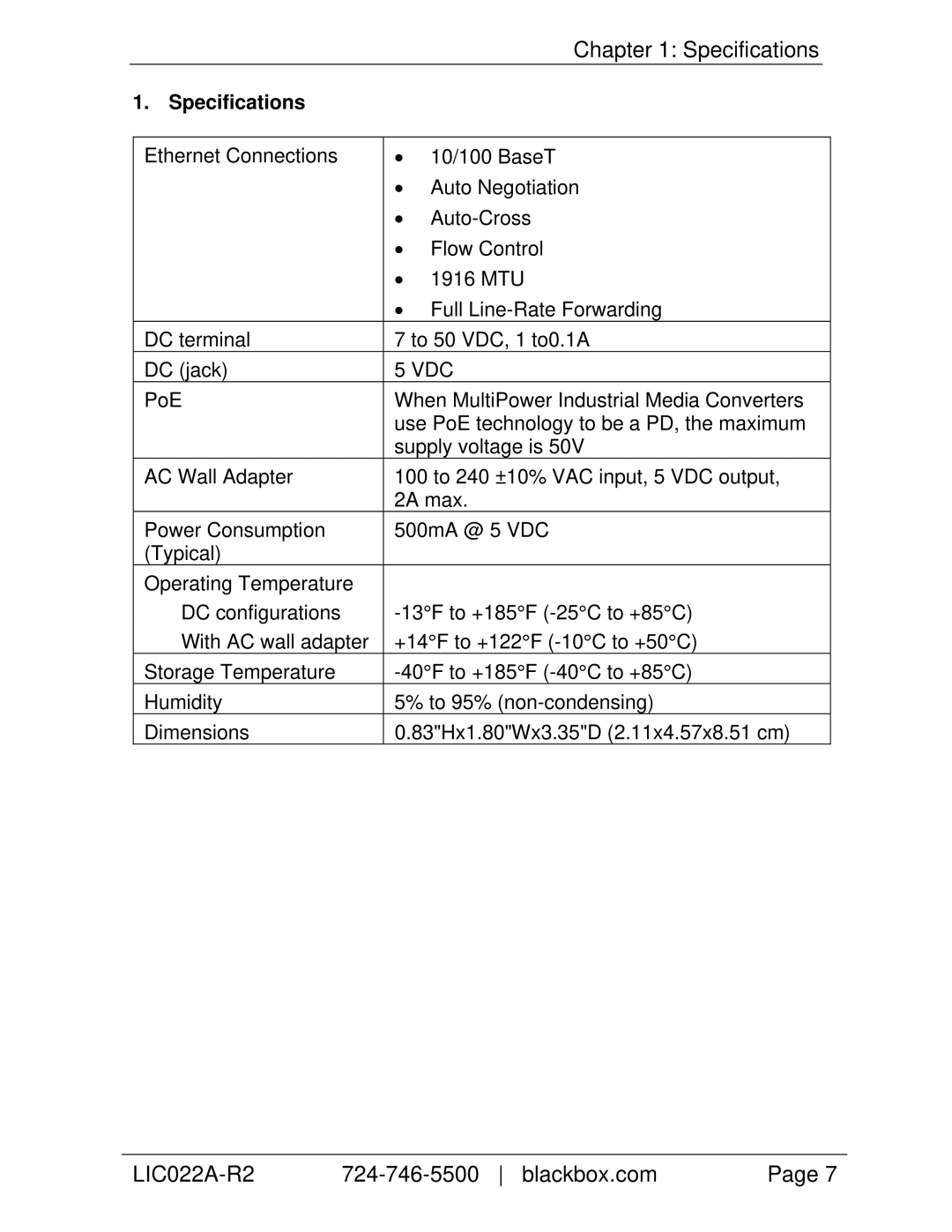 Black Box LIC026A-R2, LIC057A-R2, LIC025A-R2, LIC053A-R2, LIC056A-R2, LIC054A-R2, LIC023A-R2, LIC022A-R2 manual Specifications 