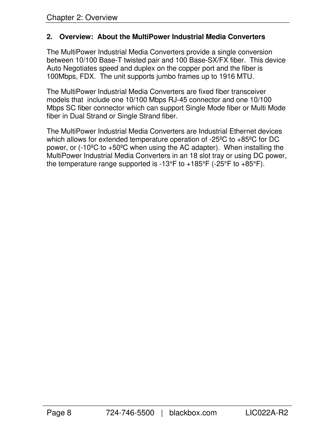 Black Box LIC027A-R2, LIC057A-R2, LIC025A-R2, LIC053A-R2 manual Overview About the MultiPower Industrial Media Converters 