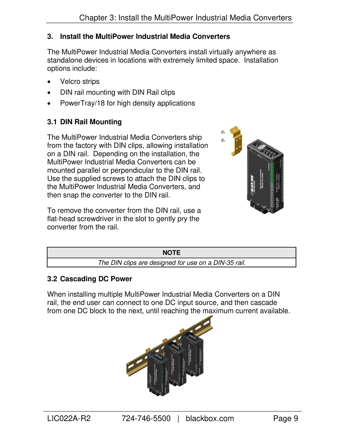 Black Box LIC055A-R2, LIC057A-R2 Install the MultiPower Industrial Media Converters, DIN Rail Mounting, Cascading DC Power 