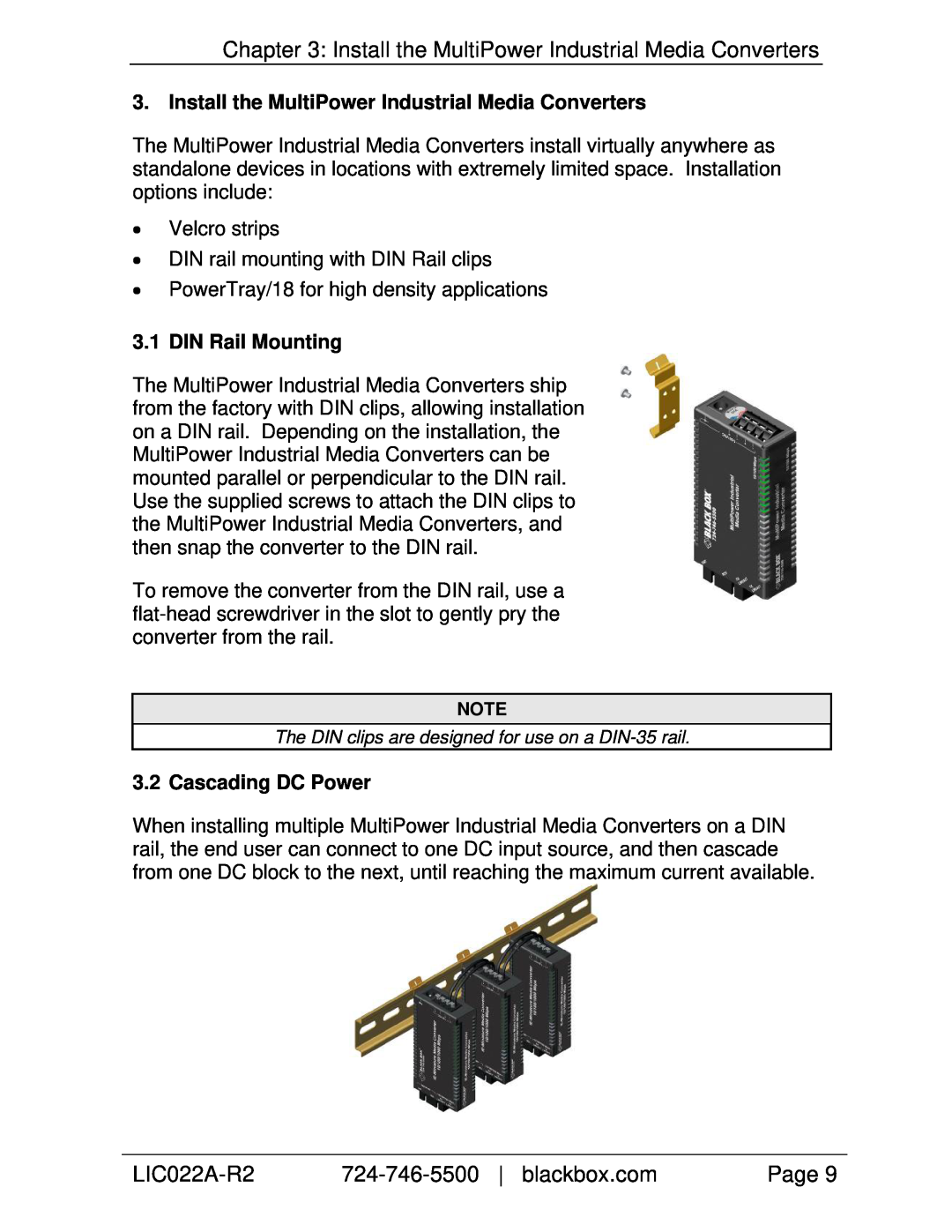 Black Box LIC055A-R2 Install the MultiPower Industrial Media Converters, DIN Rail Mounting, Cascading DC Power, LIC022A-R2 