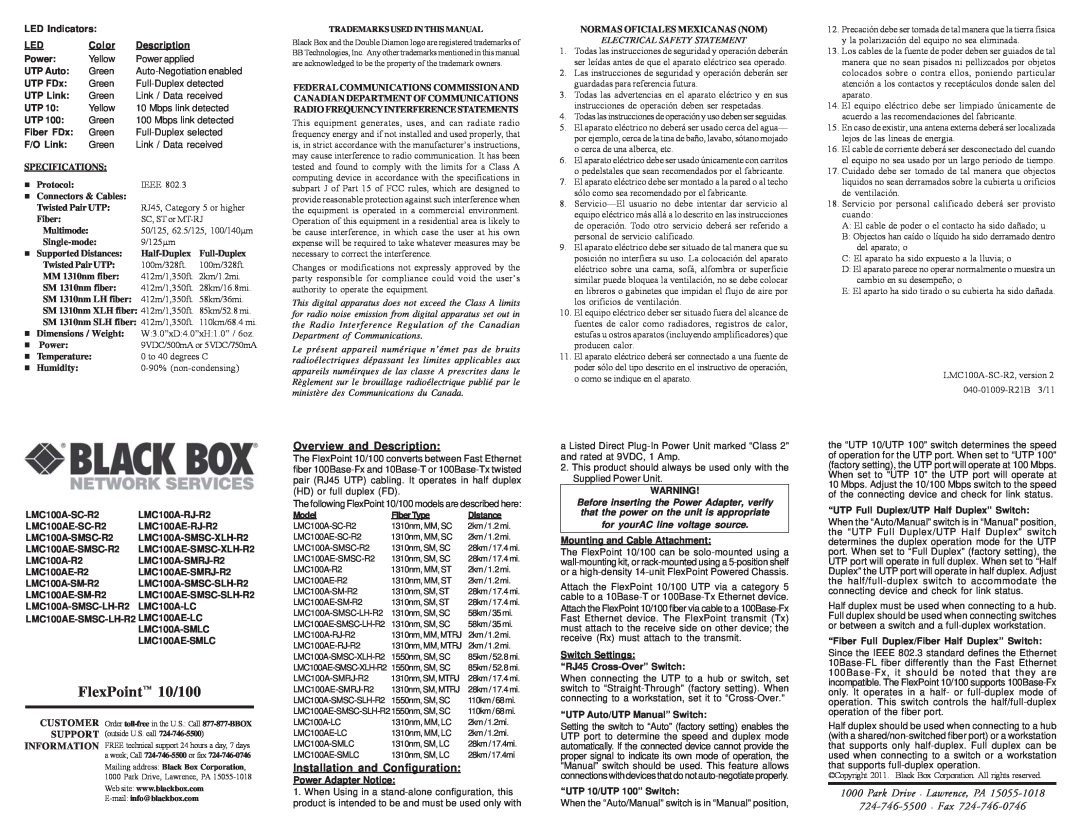 Black Box LMC100A-SMSC-SLH-R2, LMC100A-SMSC-R2 FlexPoint 10/100, Overview and Description, Installation and Configuration 