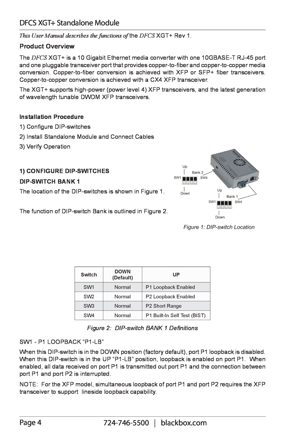 Black Box LMC11032A manual DFCS XGT+ Standalone Module, Page, blackbox.com, Product Overview, Installation Procedure 