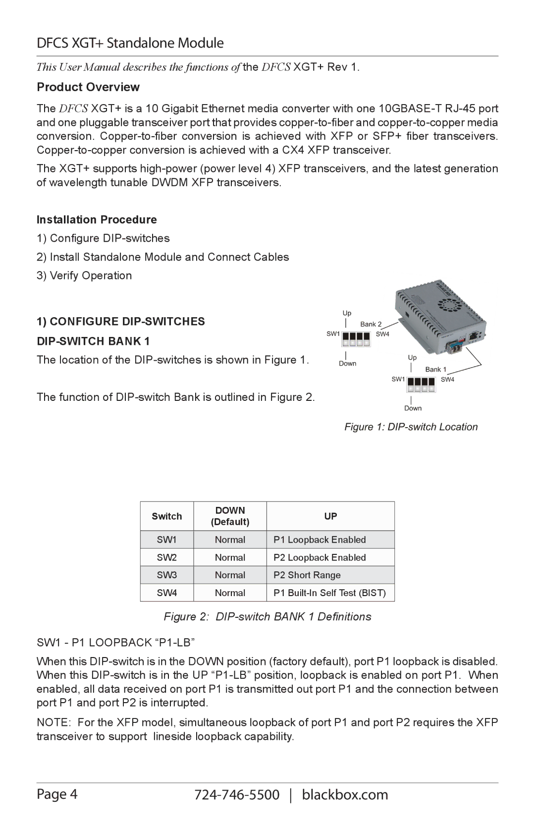 Black Box LMC11032A manual Configure DIP-SWITCHES DIP-SWITCH Bank, SW1 P1 Loopback P1-LB, Switch, Down, Default 