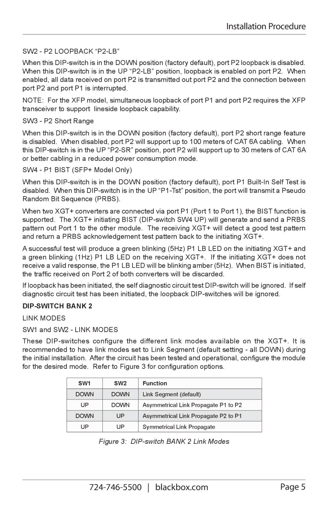 Black Box DFCS XGT+ Stand Alone Module Installation Procedure, SW2 P2 Loopback P2-LB, DIP-SWITCH Bank, Link Modes, SW1 SW2 