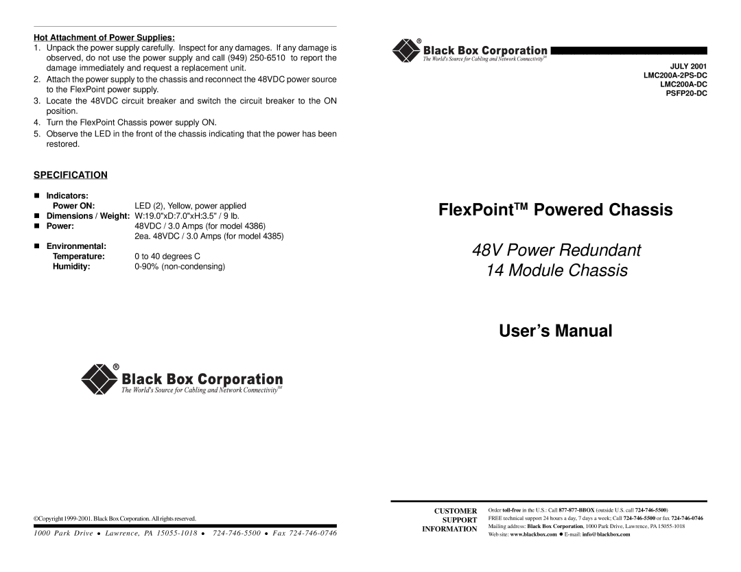 Black Box LMC200A-DC user manual Hot Attachment of Power Supplies, „ Indicators, „ Environmental Temperature, Humidity 