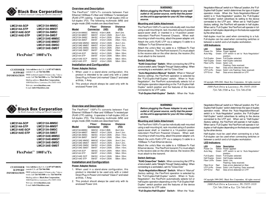Black Box LMC213A-MMSC manual Overview and Description, Installation and Configuration 
