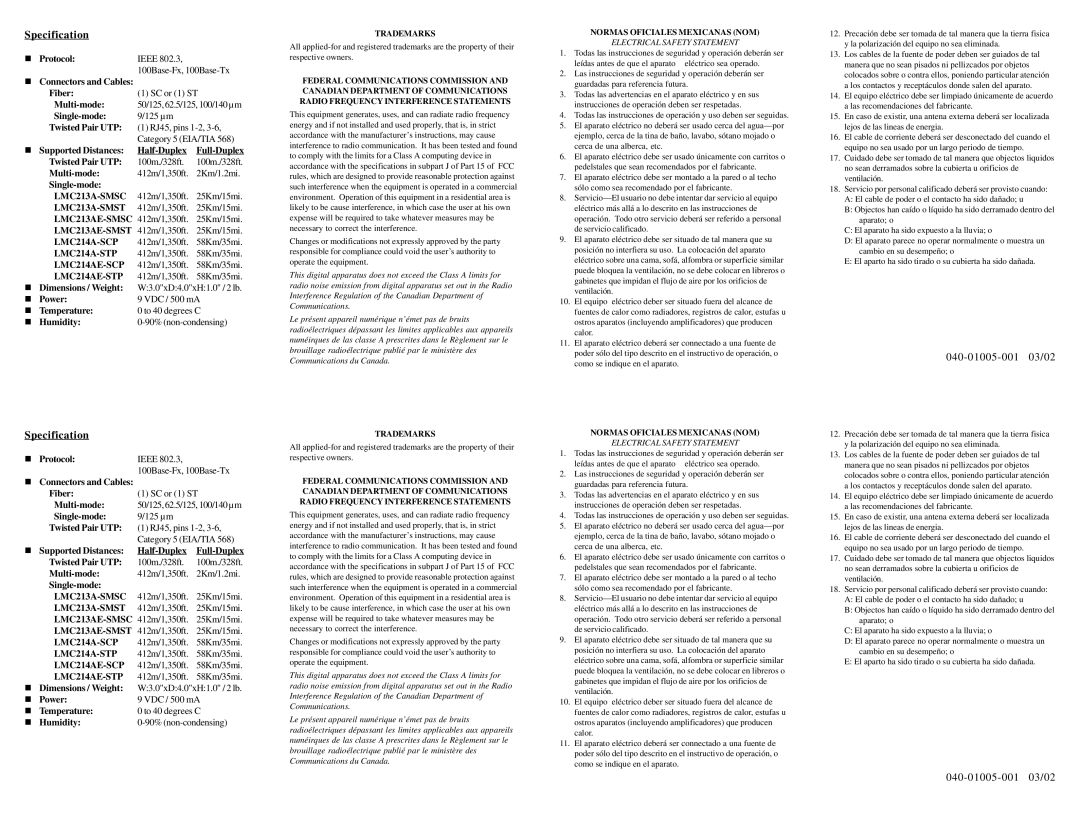 Black Box LMC213A-MMSC manual Specification 