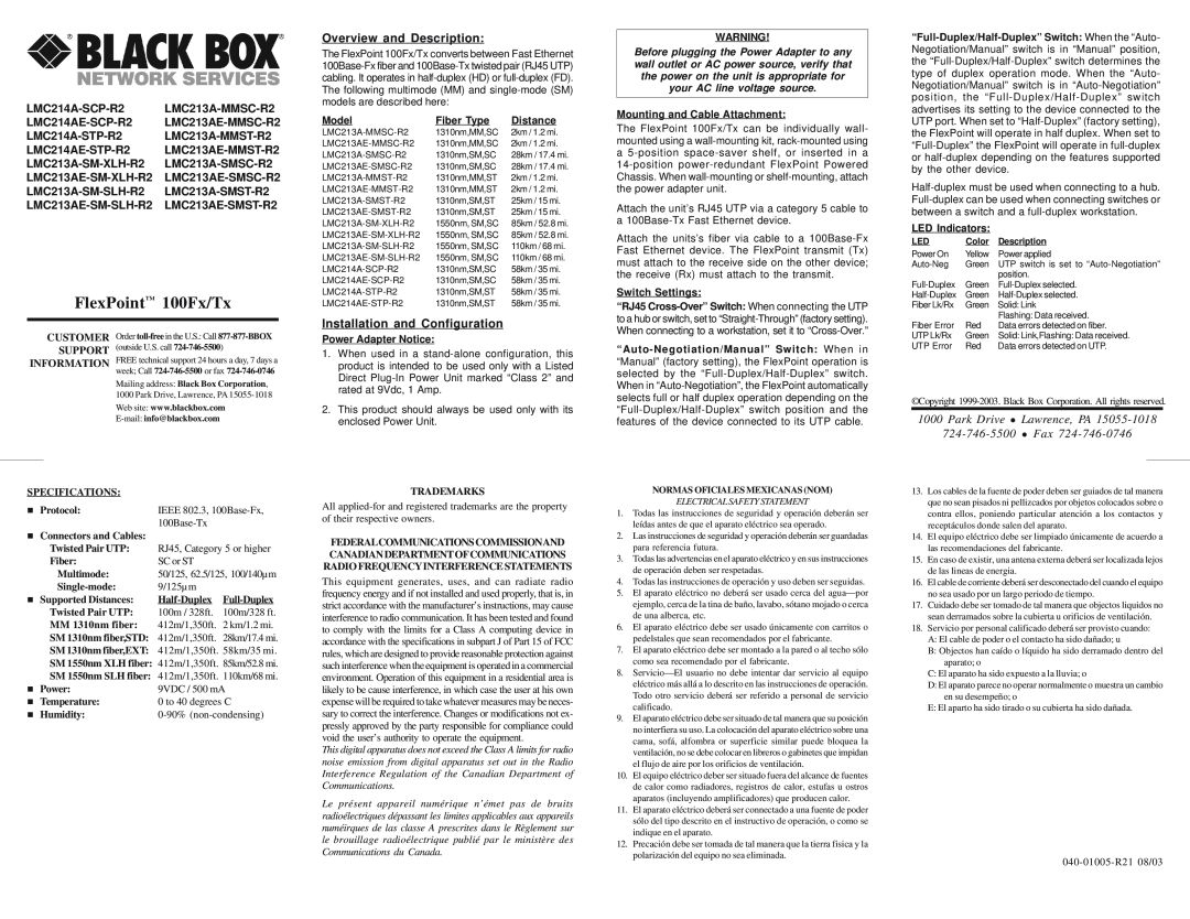 Black Box LMC213AE-MMST-R2 specifications FlexPoint 100Fx/Tx, Overview and Description, Installation and Configuration 