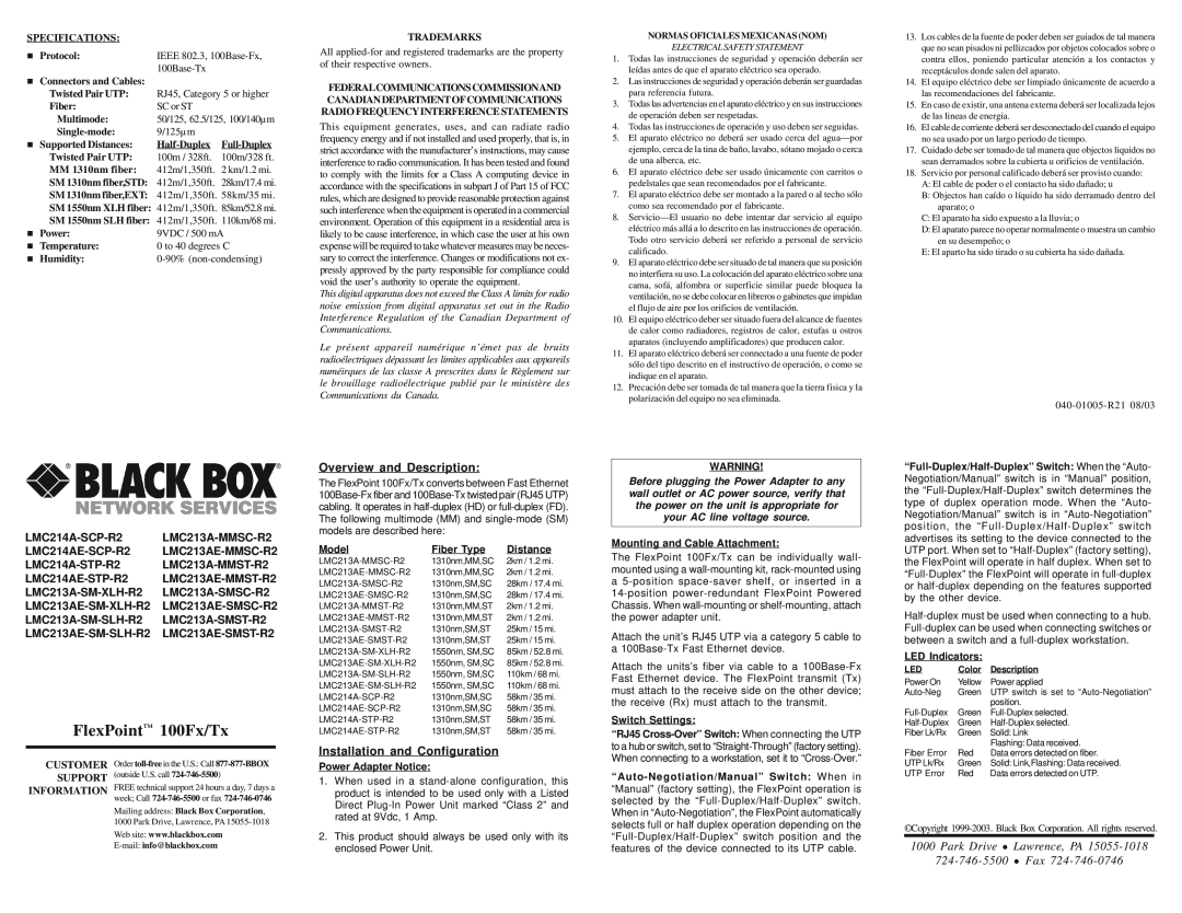 Black Box LMC213AE-MMSC-R2, LMC213A-SMSC-R2 Park Drive z Lawrence, PA, z Fax, FlexPoint 100Fx/Tx, Overview and Description 