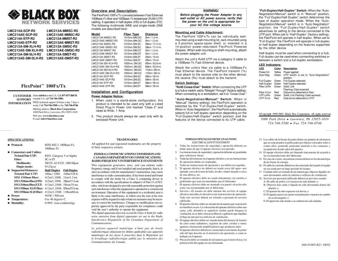 Black Box LMC213AE-MMST-R2, LMC213A-SMSC-R2 specifications Overview and Description, Installation and Configuration 