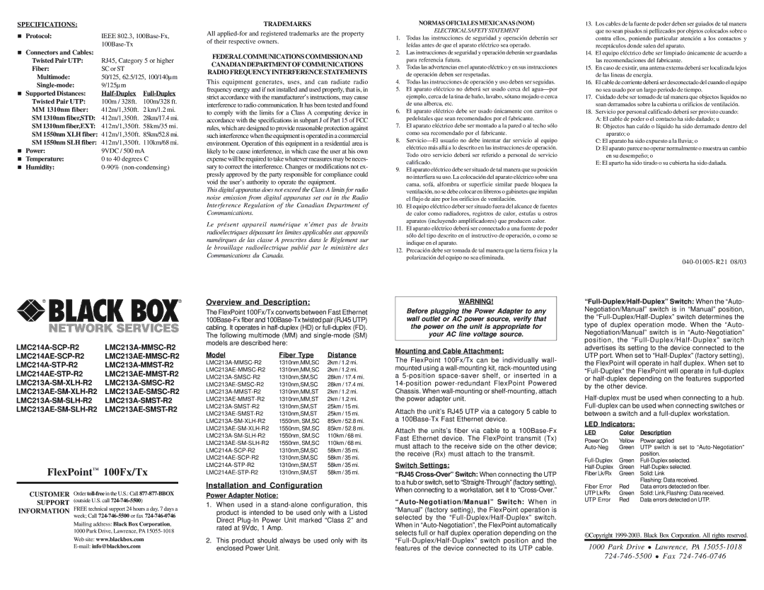 Black Box LMC213AE-MMSC-R2, LMC213A-SMSC-R2, LMC213AE-MMST-R2, FlexPoint 100Fx/Tx, LMC213AE-SMST-R2 Half-Duplex Full-Duplex 