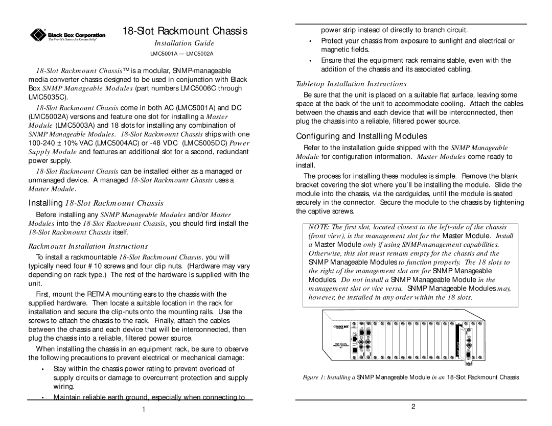 Black Box LMC5002A installation instructions Installing 18-Slot Rackmount Chassis, Configuring and Installing Modules 