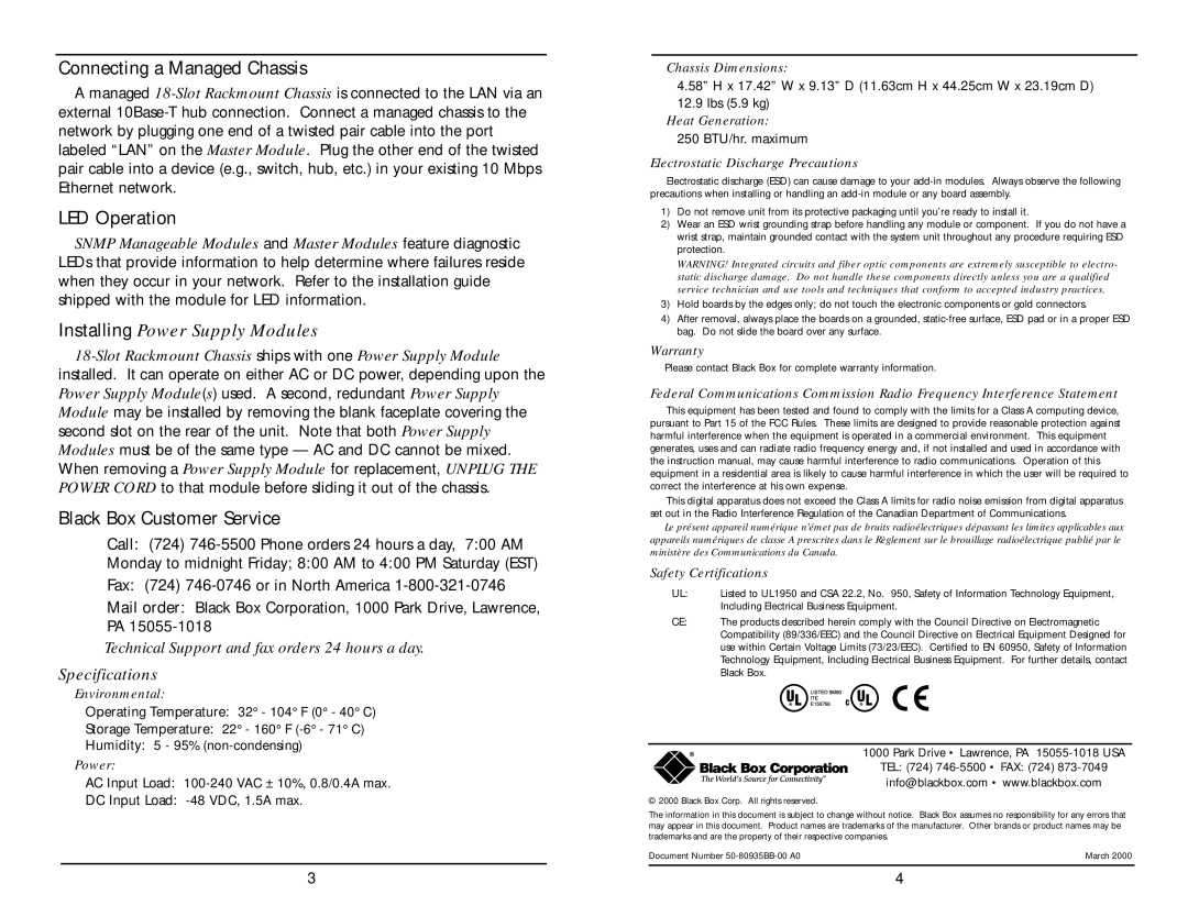 Black Box LMC5001A, LMC5002A Connecting a Managed Chassis, LED Operation, Installing Power Supply Modules, Specifications 