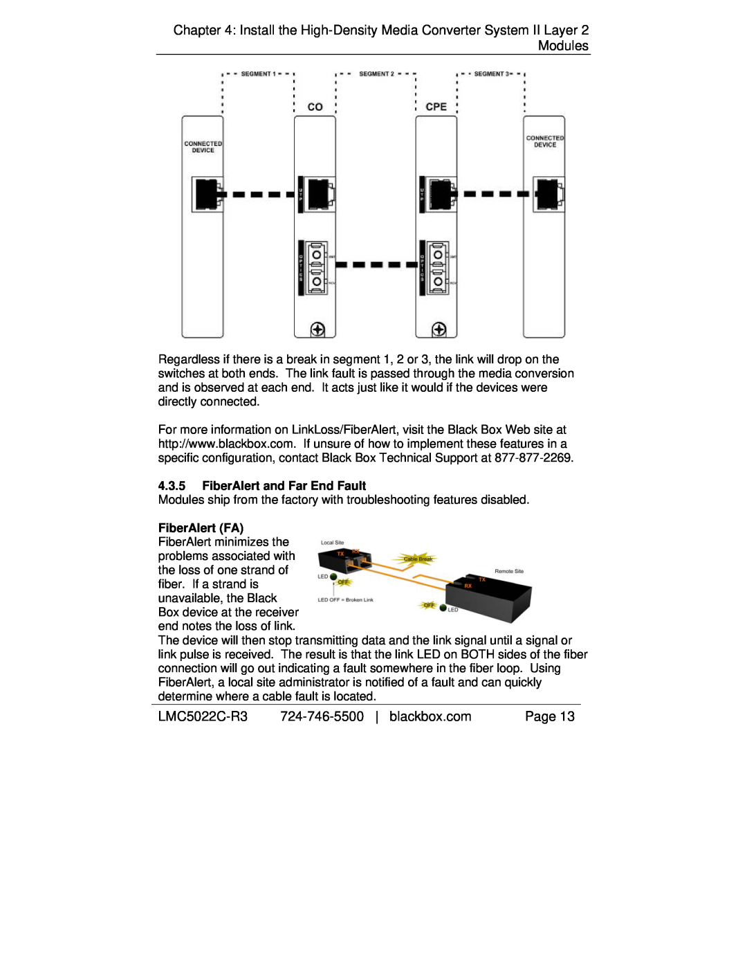 Black Box High-Density Media Converter System II, LMC5114C-R3 manual 4.3.5FiberAlert and Far End Fault, LMC5022C-R3, Page 