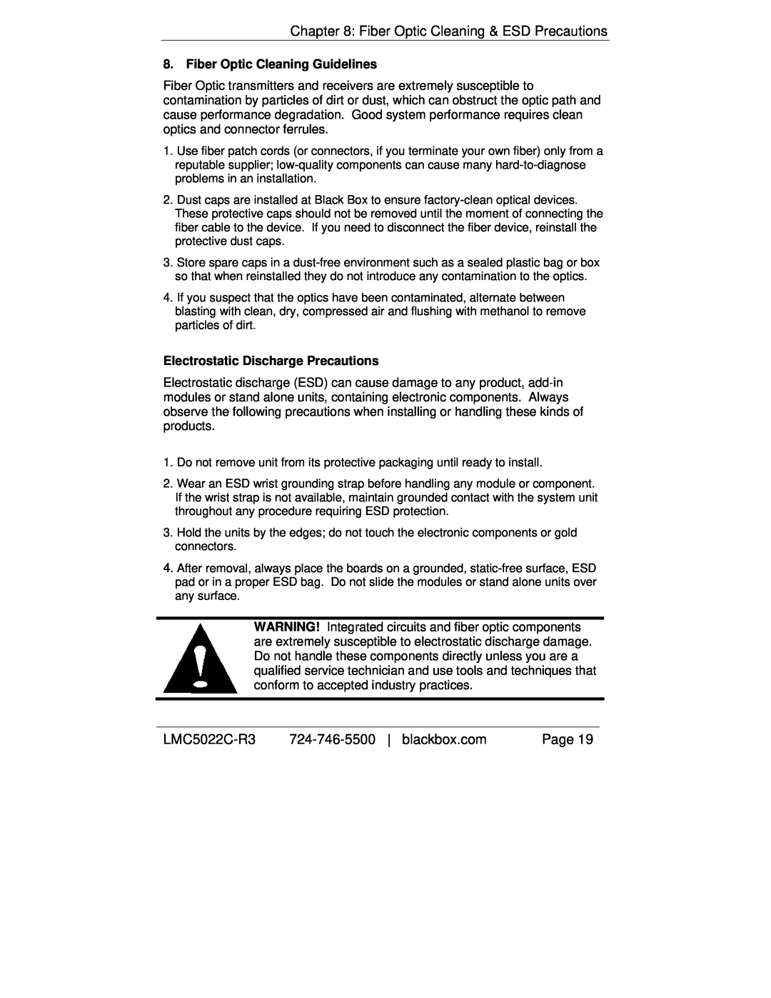 Black Box LMC5181C-R3 manual Fiber Optic Cleaning & ESD Precautions, Fiber Optic Cleaning Guidelines, LMC5022C-R3, Page 