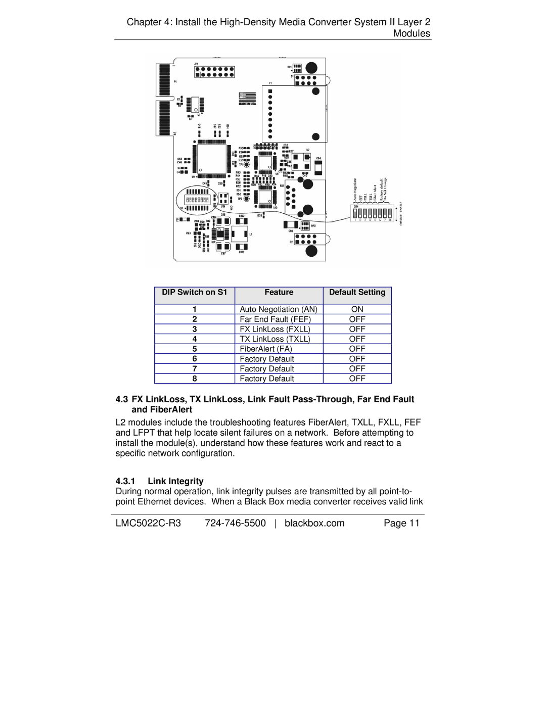 Black Box LMC5180C-R3, LMC5114C-R3, LMC5117C-R3, LMC5027C-R3 manual Link Integrity, DIP Switch on S1 Feature Default Setting 