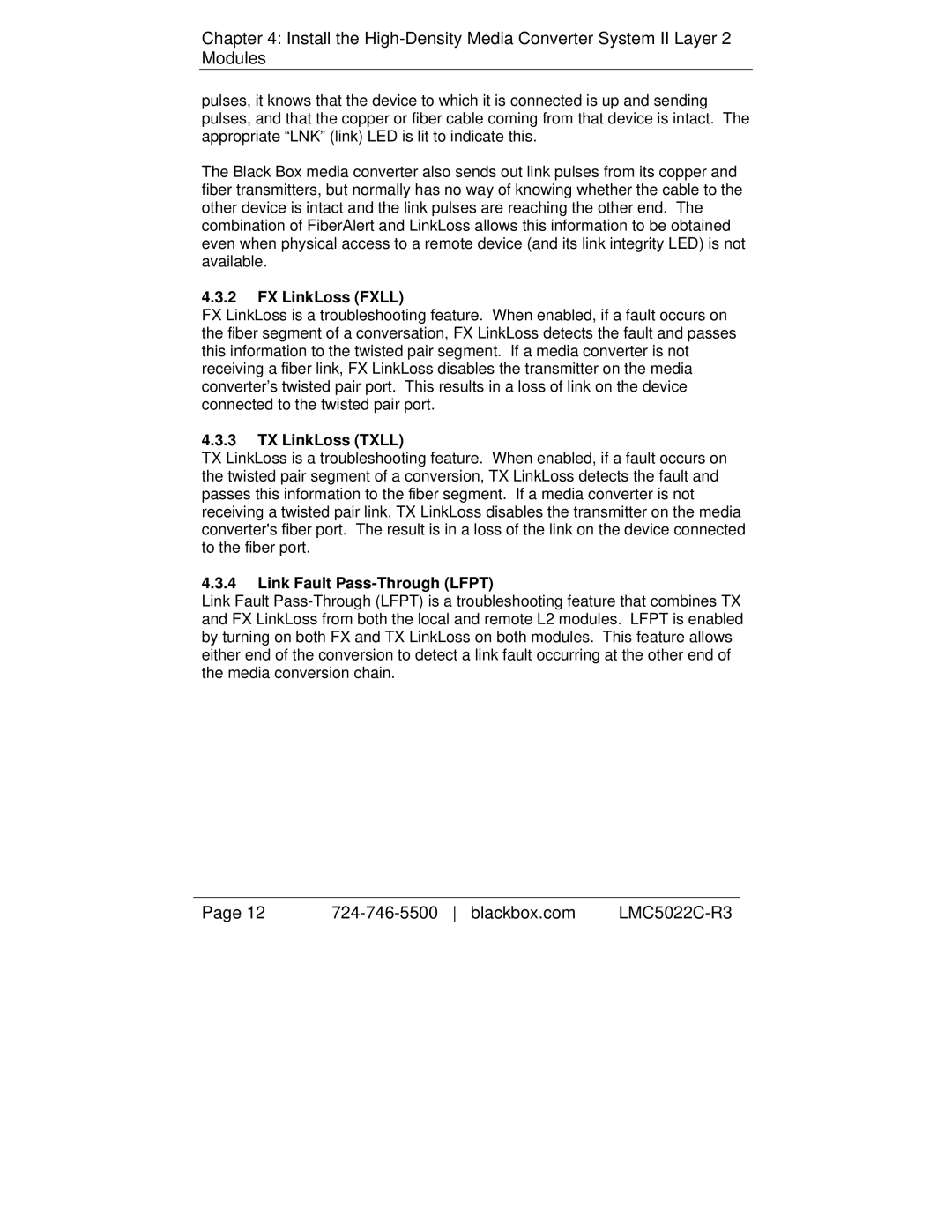 Black Box LMC5023C-R3, LMC5114C-R3, LMC5117C-R3 manual FX LinkLoss Fxll, TX LinkLoss Txll, Link Fault Pass-Through Lfpt 