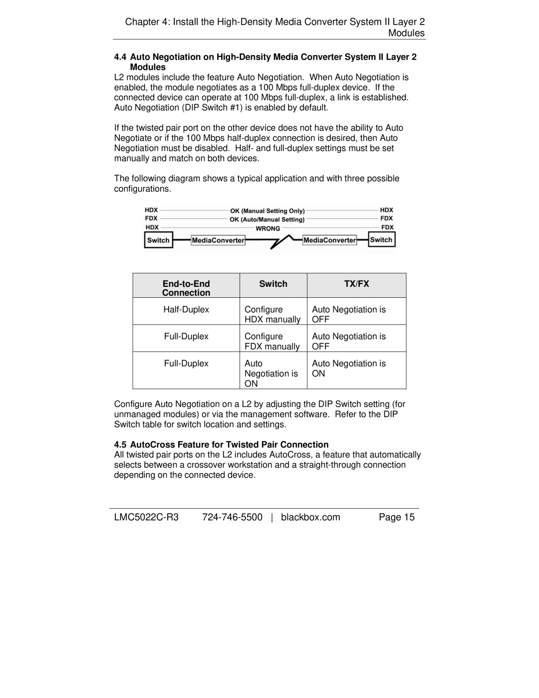 Black Box LMC5117C-R3, LMC5114C-R3, LMC5027C-R3 End-to-End Switch Connection, AutoCross Feature for Twisted Pair Connection 