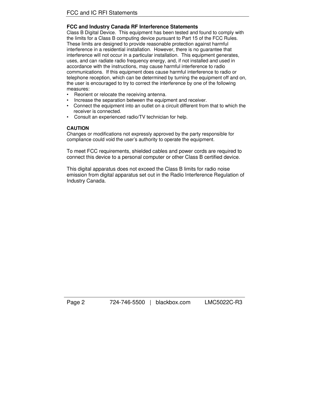 Black Box LMC5027C-R3, LMC5114C-R3, LMC5117C-R3, LMC5116C-R3, LMC5182C-R3 FCC and IC RFI Statements, Blackbox.com LMC5022C-R3 