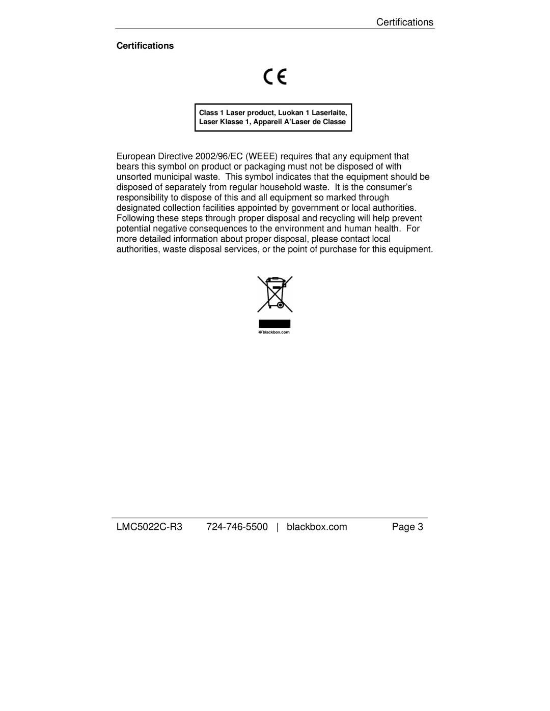 Black Box LMC5116C-R3, LMC5114C-R3, LMC5117C-R3, LMC5027C-R3, LMC5182C-R3 manual Certifications, LMC5022C-R3 Blackbox.com 