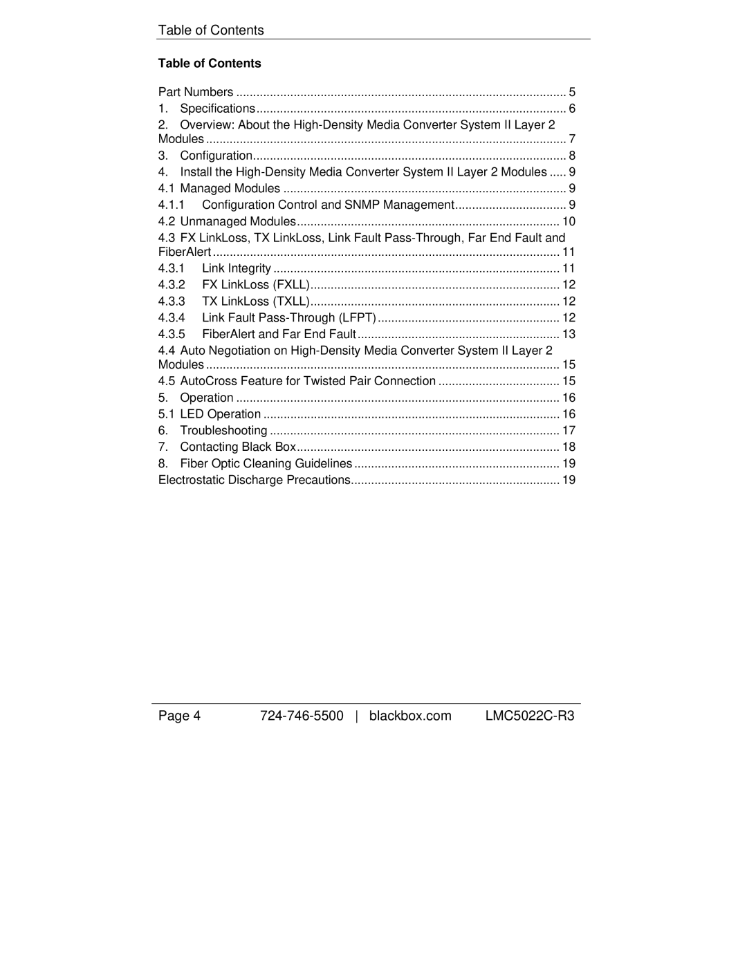 Black Box LMC5182C-R3, LMC5114C-R3, LMC5117C-R3, LMC5027C-R3, LMC5116C-R3, LMC5181C-R3, LMC5022C-R3 manual Table of Contents 