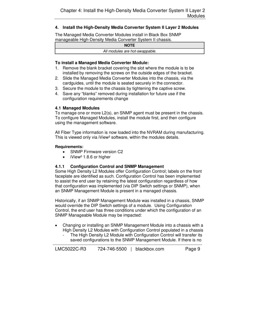 Black Box LMC5110C-R3, LMC5114C-R3, LMC5117C-R3 To install a Managed Media Converter Module, Managed Modules, Requirements 